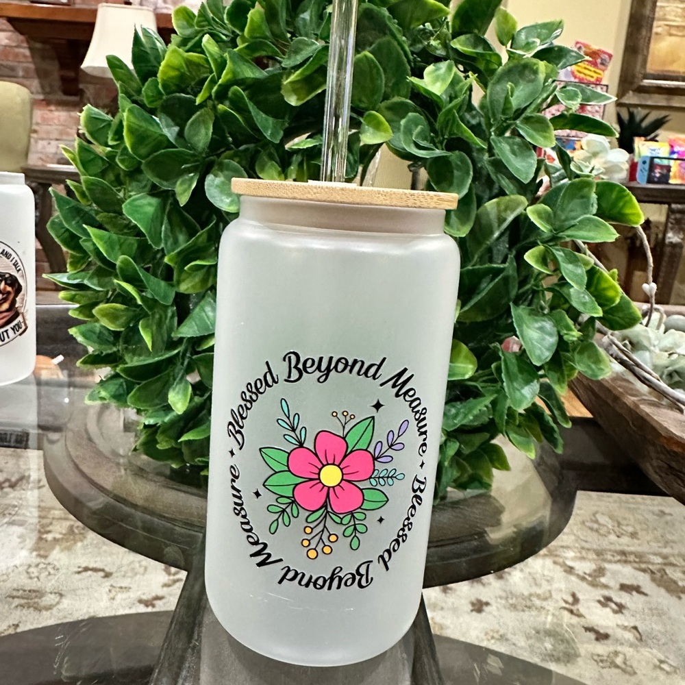 Frosted Glass Tumbler with Straw - Floral Design